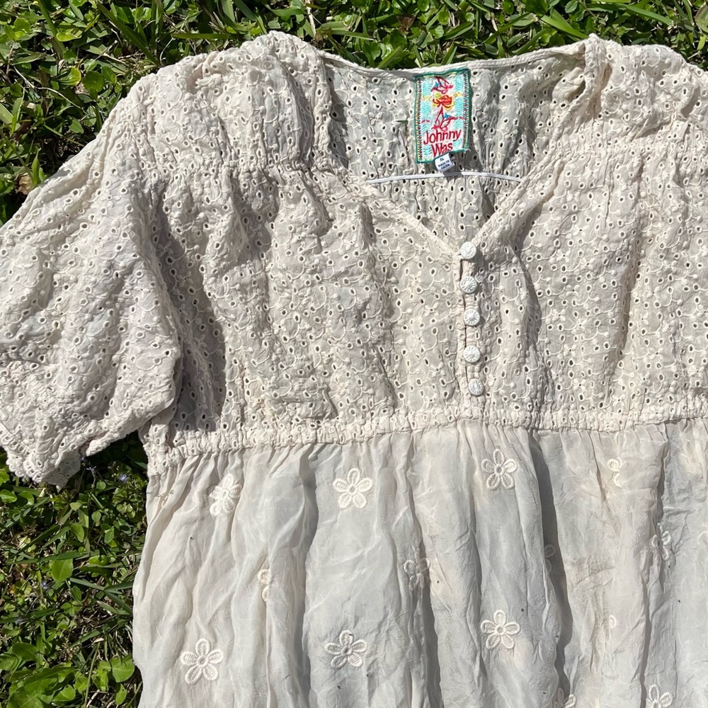 Johnny was white eyelet dress